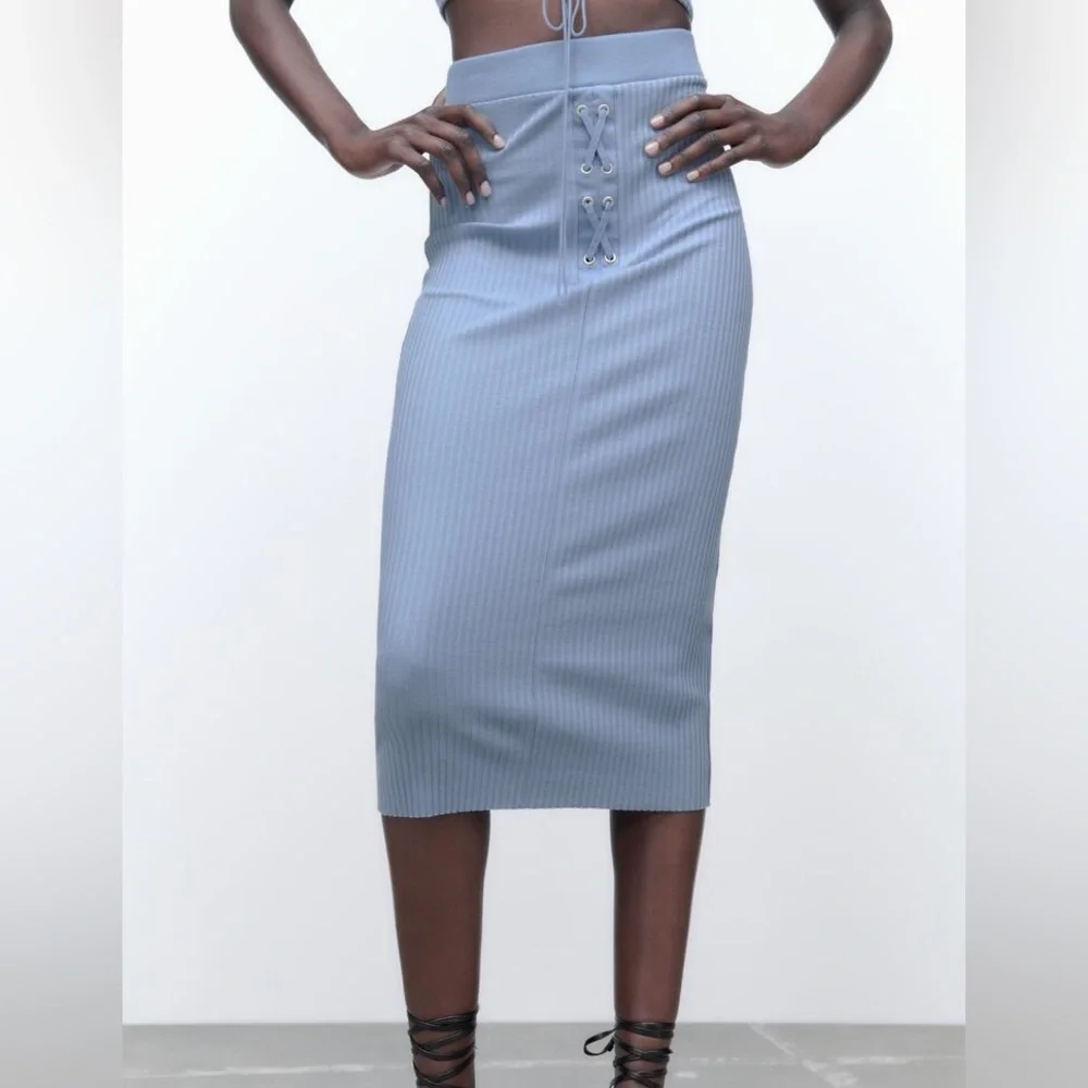 ZARA RIBBED HIGH WAIST‎ CROSSOVER DRAWSTRING MIDI SKIRT
